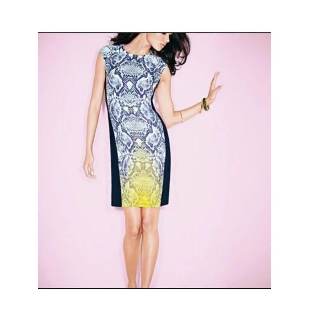Magaschoni Women's Blue & Yellow Silk Snakeskin Print Sculpted Dress, Size 4